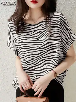 2024 ZANZEA Casual de Vara de Vacanță Blusas Moda Zebra Imprimate Bluza Femei Vintage Tunica Topuri Femeile O de Gât Tricou Maneci Scurte