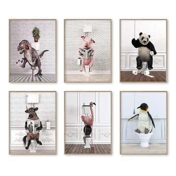Animale Retro Baie, Toaletă Arta De Perete Panza Pictura Panda Amuzant Dinozaur Flamingo Cadă Poster De Imprimare Camera Pentru Copii Decor Acasă