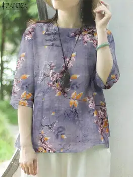 Bohemain Bluza Vintage ZANZEA Femei Elegante, cu Maneci Scurte imprimeu Floral Shirt de Lucru de Vacanță Topuri Tunica Casual Butoane Blusas Femme
