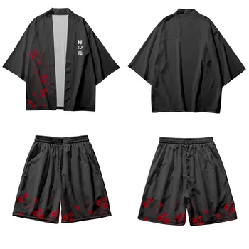 Chimono Tradițional Japonez Pantaloni Scurți De Plajă De Vară, Roșu, Prune Tipărite Streetwear Femei Barbati Cardigan Yukata Harajuku Haori Tricou