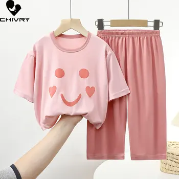 Copiii de Vara Subtire Matasos Seturi de Pijamale Noi Băieți și Fete Desene animate Zâmbet Maneca Trei sferturi O-neck T Shirt, cu Pantaloni Copil Homewear