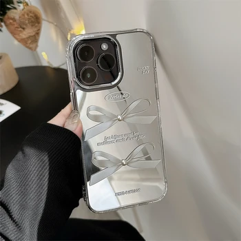 Coreea Drăguț Perla Bowknot Oglindă de Machiaj Telefon Caz Pentru iPhone 15 14 13 12 11 Pro Max Elegant, rezistent la Șocuri Moale Capacul din Spate Cadou