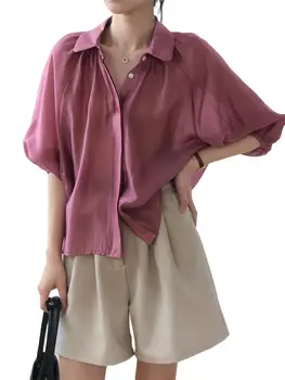 Coreeană de Moda Casual Rever Mâneci Lanternă Lyocell Tricou Supradimensionat Chic pentru Femei de Mătase Artificială de Sus plus dimensiune bluza top mujer