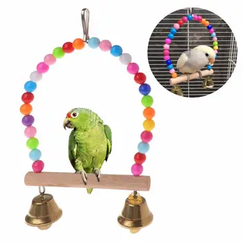 Din Lemn Natural Papagalii Leagăn Jucărie Păsări Biban Agățat Leagăne Cusca Cu Margele Colorate Clopote Jucarii