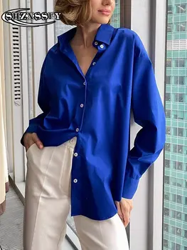 Elegant, Feminin Tricouri Solide în Vrac 100% Bumbac Supradimensionate pentru Femei Shir Streetwear Moda Primavara-Vara Albastru Femeie Bluza 2023