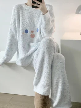 Fată Drăguț Zâmbitoare Insula Catifea Pijamale Femei Iarna Îngroșat de Pluș Cald Tricotate Haine de Acasă de Mari Dimensiuni Costum de Iarna chic