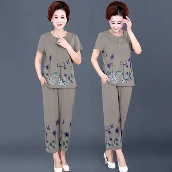 Femei de Îmbrăcăminte coreeană de Moda Casual, Liber de Imprimare Simplitate Gât Rotund Talie Elastic Buzunare Vara Intelectuală Pantaloni Seturi