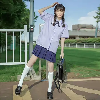 Femei Fete JK Uniformă Stil Thailandez Uniforme Școlare Seifuku Mânecă Scurtă Cămașă Brodată Trei piese Set de Fusta Plisata Student