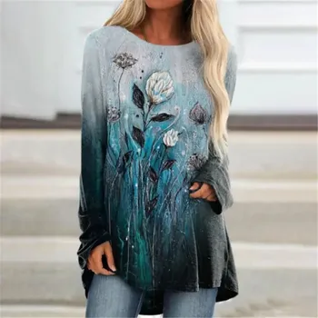 Femei T Shirt Flori 3D de Imprimare T-shirt Femei de Moda de Bumbac T-shirt Casual cu Maneca Lunga Topuri Tricouri Vintage Tricou Vrac Tees