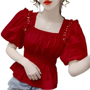 Femeie de Primavara Toamna Stil Bluze Camasi Doamna de Moda Casual, cu Maneci Scurte Pătrat Guler Culoare Solidă Felinar Bluze Topuri WY0205