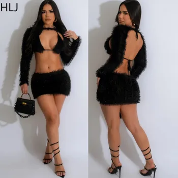 HLJ Sexy Fleece Fata Fierbinte Fuste Mini 3 Piece Set pentru Femei Sutien+Maneca Lunga Crop Top+Fuste Costume de Moda de sex Feminin Club de noapte, Îmbrăcăminte