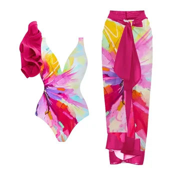 Imprimare florale V-Neck Ruffle-O singură Bucată de costume de Baie si Fusta pentru Femei 2024 Nouă Epocă, Costume de baie, pe Plajă Feminin Costum de Baie Vara