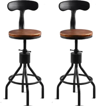 LOKKHAN Set de 2 Rustic Industrial Scaun de Bar-24-30 de Metal Reglabil Rotativ din Lemn, scaune de bar-Contra