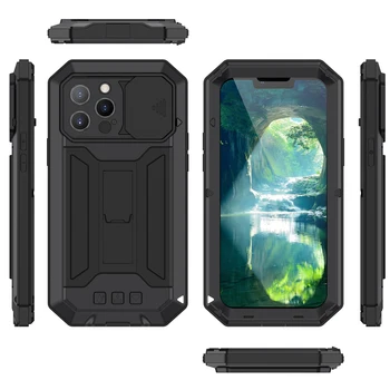 Metal Armor Caz pentru iPhone 14 13 Pro Max Mini Grele Construit Camera de Protecție a Ecranului Sta Capacul Telefonul rezistent la Șocuri
