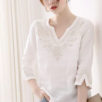 Moda V-Neck Culoare Solidă Toate-meci Broderie Bluza Femei de Îmbrăcăminte 2023 Vara Noi Casual, Pulovere Topuri Largi coreean Tricou