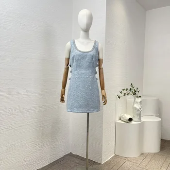 New Sosire Calitate de Top Albastru Tweed fără Mâneci Talie Gol Slim Dulce Mini-rochie pentru Femei
