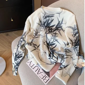 NOI de Iarna Femei Alb Pulover Confortabil Cashmere Top Culori Contrastante Jacheta Tricotata de Imprimare Maneca Lunga Harajuku de Înaltă Calitate