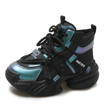 Noua Moda 7CM Pană Tocuri Pantofi Pentru Femei Pantofi Casual din Piele Negru High Top Indesata Adidași Femeie Vulcanizat Dantela-Up Pantofi
