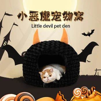 Patru Anotimpuri Universal Respirabil Cald Distracție De Halloween Diavol Mic Unpick Se Spală Semi Închise Mic Câine Pisică Pat Pisica Accesorii