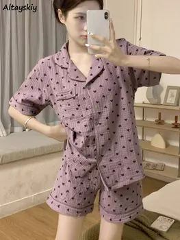 Pijama Seturi pentru Femei Studenții Dragoste Dulce Casual Pijamale Harajuku Vara Populare de zi cu Zi Ulzzang Simplu Blând Largi de Vârstă cu reducerea
