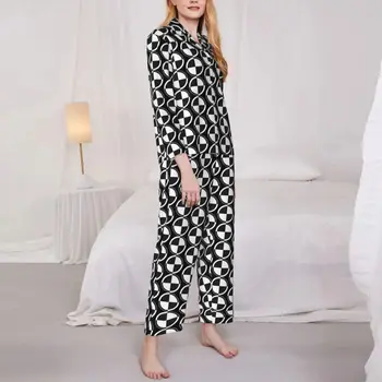 Pijamale Femei Checker Două Ton Acasă Sleepwear Alb Negru Retro Mod Două Piese Casual Seturi De Pijama Cu Maneci Lungi Supradimensionat Acasă Costum