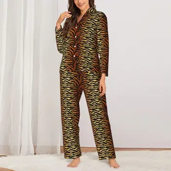Pijamale Femei Dungi De Tigru Zi Cu Zi De Îmbrăcăminte De Noapte Retro, Animal Print 2 Piese Casual Vrac Seturi De Pijama Cu Maneca Lunga Supradimensionate Acasă Costum