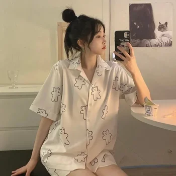 Pijamale Femei Vara Urs De Imprimare Subțire Poate Fi Purtat În Afara Cardigan Serviciu Acasă Costum Din Două Piese Set Japonez Stil Kawaii
