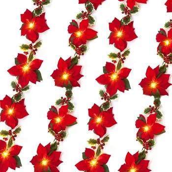 Poinsettia Flori de Craciun Șir Lumina cu fructe de Padure Rosii Artificiale Poinsettia Ghirlanda Șir de Lumini Pentru Petrecere în aer liber Decor