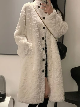 Pufos Blana Lunga Femei Toamna Iarna Faux Blana Palton Elegant Stand Guler Lambswool Îmbrăcăminte De Exterior Lady-Coreean Chic De Pluș Cald Haina