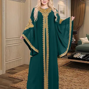 Rochii de partid pentru Femei Abaya Musulman Caftan 2 Bucata Set Eid Flare Mâneci Haina Brodata cu Aur Dantelă Rochie Costum Jalabiya Ramadan