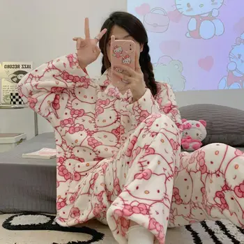 Sanrio Hello Kitty Femei Pijamale Toamna/iarna Drăguț Hello Kitty Desene animate Nightown Îngroșat și Catifea Nou Drăguț Cald Uzura Acasă