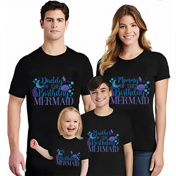 Sirena de Ziua de nastere Partid Fete T-shirt 2024 Moda Y2k Grafic Topuri Unisex Copil Teu Negru Potrivire Familie Maneca Scurta, Haine