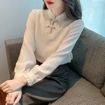 Stil chinezesc butonul tricou femei 2023 toamna epocă minoritate temperament elegant stand-up guler cu mâneci lungi dantelă bluza feminin
