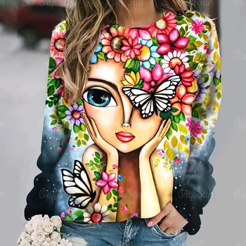 Toamna de Moda pentru Femei de Top 3d Florale Tricouri Fete Pictura pe Fata Harajuku de Colorat Frumos Imitație de Bumbac cu Maneci Lungi Tees