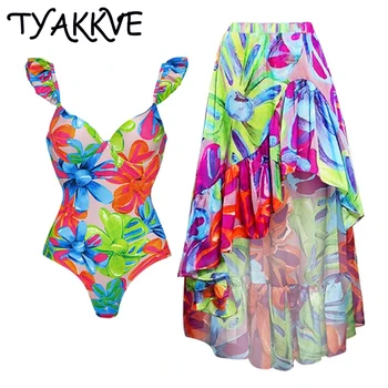 TYAKKVE 2024 Costume de baie 3D Flori Sexy Zburli-O singură Bucată de costume de Baie Femei Monokini Rochie de Imprimare de Costume de Baie Costum de baie Port Beachwear