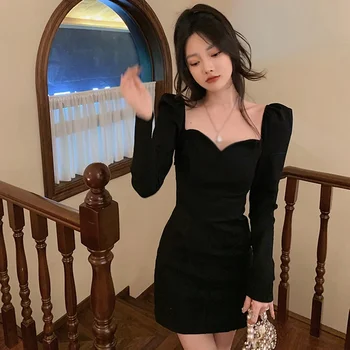 Versiunea coreeană Femei Subțire Rochie de Culoare Solidă V-Neck Seara de Reper Rochie Puff Maneca Lunga Slim Temperament Moda Sexy
