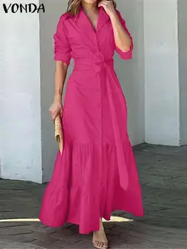 VONDA Elegant Tricou Femei Rochie de Toamna cu Maneci Lungi Sundress 2023 Ciufulit Rochie Casual Culoare Solidă Rever cu Centură de Partid Vestidos