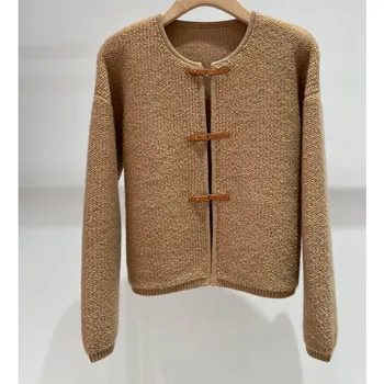 12.6 Femei Design Elegant din Piele Buton Rotund Gat Culoare Solidă Cashmere Cardigan Tricot Jacket