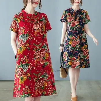 2024 chineză rochie de epocă tradiționale lenjerie de pat din bumbac qipao femei cheongsam naționale floare de imprimare qipao oriental cheongsam dressup