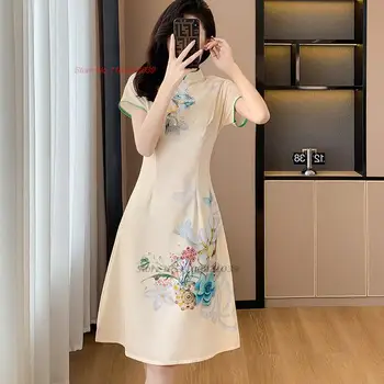 2024 chineză îmbunătățit qipao rochie șifon cheongsam naționale floare de imprimare rochie dulce qipao retro banchet rochie de seara vestido