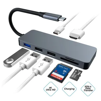 C USB Hub, 7 in 1 USB C Adaptorului Multiport cu 4K HDMI, 100W PD Încărcare, USB 3.0 5Gbps Port de Date si 2 USB 2.0，TF/SD Ca