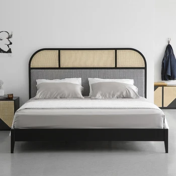 De viță de vie țesute din lemn masiv, pat dublu Viță-de-vie țesute minimalist modern 1.5 1.8 metru pat mare, ceară albă de lemn homestay rattan art pat