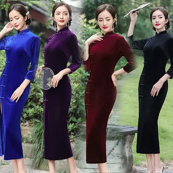 De Înaltă Calitate, Plus Dimensiunea De Catifea Cheongsam 4 Culori Femeile Petrecere De Nunta Rochie Lunga Cu Maneci Lungi De Iarnă Tradiționale Qipao