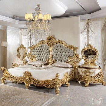 Europene dublă de lux cu pat sculptat din lemn masiv, franceză folie de aur, de înaltă calitate pat de nuntă, palatul prințesei pat, pânză pat