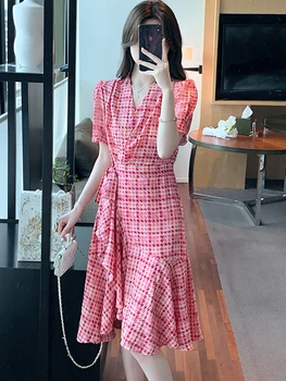 Femei Carouri Roșii Chic Ciufulit Rochie Eleganta Midi De Vara Bodycon Office Lady Dress 2023 Coreeană De Moda Casual Bandaj Rochie De Petrecere