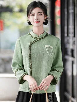 Femei Chineze Serviciu de Ceai Zen Artistice Stil Chinezesc Îmbunătățit Cheongsam Top Republica populară chineză Stil de Toamnă și de Iarnă