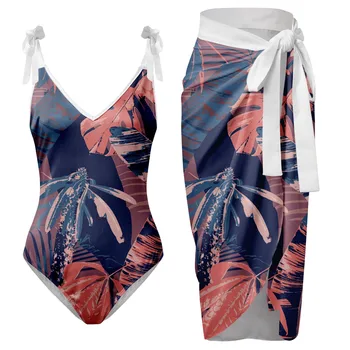 Femei V-Gât Flori Tipărite De Costume De Baie Șorț Fusta Bikini Seturi