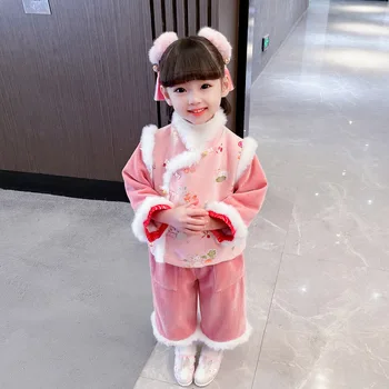Fetelor Nou Han se Potrivi Fata Copilului Stil Chinezesc Iepure Rochie de Anul Nou de Două Bucată de Pluș Îngroșat Rochie de Anul Nou Tang Moda