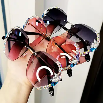 Fără ramă de ochelari de Soare Femei Cristal de Lux de Brand Designer de Stras Fara rama Treptată Ochelari de Soare Nuante Hexagon Gradient UV400