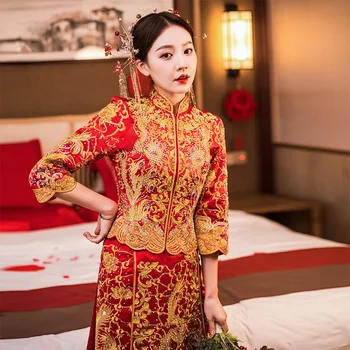 Jumătate Maneca Plus Diamant Drept Rochie de Mireasa Haine Dragon și Phoenix Rochie Stil Chinezesc de Mireasa de la Nunta Roșie Femei Qipao
